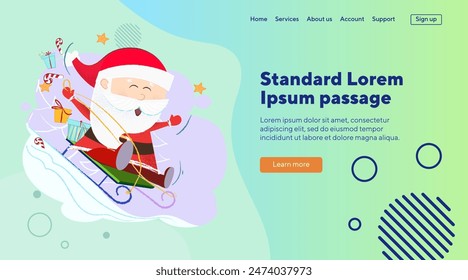 Cheerful Santa sledding with gifts. Christmas gift delivery concept. Vector illustration can be used for banner design, festive poster, landing page