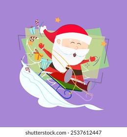 Cheerful Santa sledding with gifts. Christmas gift delivery concept. Vector illustration can be used for banner design, festive posters, greeting cards, flyers