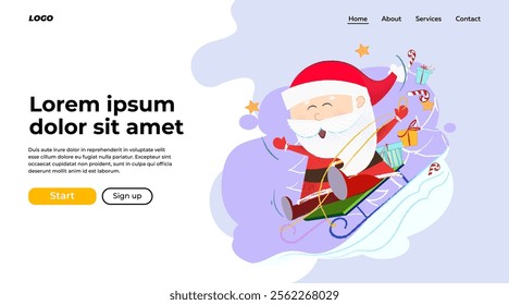 Cheerful Santa sledding with gifts. Christmas gift delivery concept. Vector illustration can be used for web banner or landing page design