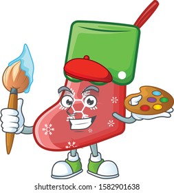 Cheerful santa socks painter cartoon character with brush