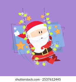 Cheerful Santa swinging on string of lights. Celebration and fun concept. Vector illustration can be used for banner design, festive posters, greeting cards, party invitations