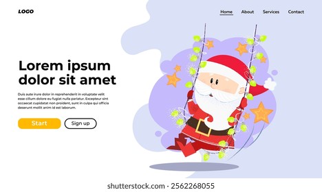 Cheerful Santa swinging on string of lights. Celebration and fun concept. Vector illustration can be used for banner design or landing page