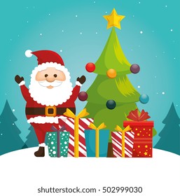cheerful santa tree ball and gift blue bakcground