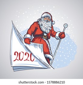 Cheerful santa turning a page, symbolic of a the portrayed time of the past year, and the coming next.