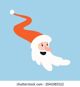 Cheerful Santa's head. Cartoon Santa Claus on a blue isolated background. Cute festive character in a red hat. Vector stock illustration.