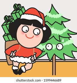 Cheerful Santy Carrying Bag That Full Of Presents, Leaning On A Christmas Tree Concept Card Character illustration