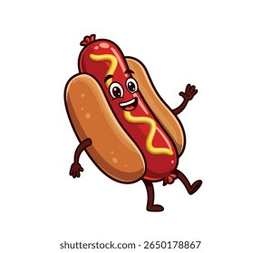 Cheerful sausage in a bun cartoon character waving, suitable for restaurant logos, food packaging, or children's content.