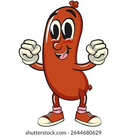 Cheerful sausage cartoon mascot be healthy and strong enough to become a ch, fun meat snack character illustration, isolated high-quality vector perfect for branding and design use, work of hand drawn