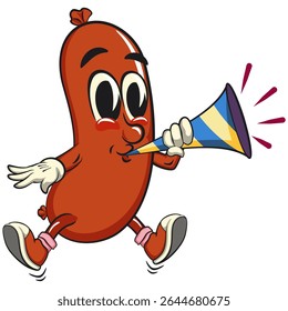 Cheerful sausage cartoon mascot blow the party horn trumpet, fun meat snack character illustration, isolated high-quality vector perfect for branding and design use, work of hand drawn