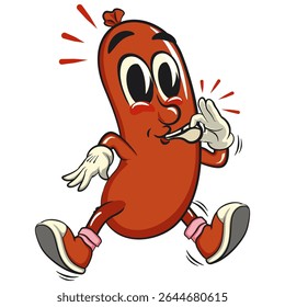 Cheerful sausage cartoon mascot blowing the whistle, fun meat snack character illustration, isolated high-quality vector perfect for branding and design use, work of hand drawn
