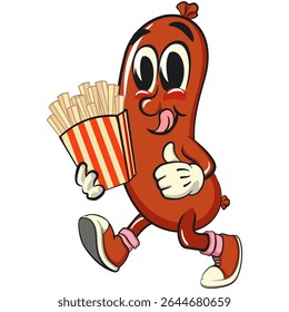 Cheerful sausage cartoon mascot brought a box of french fries, fun meat snack character illustration, isolated high-quality vector perfect for branding and design use, work of hand drawn