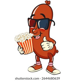 Cheerful sausage cartoon mascot with a bucket of popcorn with wearing 3d glasses, fun meat snack character illustration, isolated high-quality vector, work of hand drawn