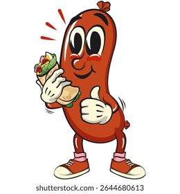 Burritos de mascote animados de salsicha alegre enquanto dá polegares para cima, ilustração de personagem de lanche de carne divertida, vetor de alta qualidade isolado perfeito para uso de marca e design, trabalho de mão desenhada