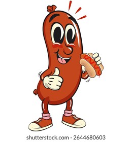 Cheerful sausage cartoon mascot carrying a hotdog while giving a thumbs up, fun meat snack character illustration, isolated high-quality vector perfect for branding and design use, work of hand drawn