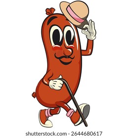 Cheerful sausage cartoon mascot carrying a stick and saluting with raised hat, fun meat snack character illustration, isolated high-quality vector, work of hand drawn