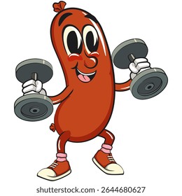 Mascote animado de salsicha alegre fazendo exercícios de elevação de barbell, ilustração de personagem de lanche de carne divertida, vetor de alta qualidade isolado perfeito para uso de marca e design, trabalho de mão desenhada