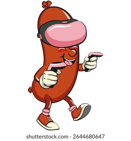 Cheerful sausage cartoon mascot entering virtual reality with technology, fun meat snack character illustration, isolated high-quality vector perfect for branding and design use, work of hand drawn