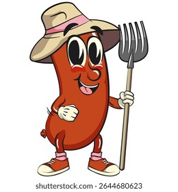 Cheerful sausage cartoon mascot as farmer in hat with his fork, fun meat snack character illustration, isolated high-quality vector perfect for branding and design use, work of hand drawn