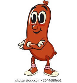 Cheerful sausage cartoon mascot folding his arms calmly, fun meat snack character illustration, isolated high-quality vector perfect for branding and design use, work of hand drawn