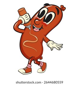 Cheerful sausage cartoon mascot give yourself mayonnaise or ketchup sauce, fun meat snack character illustration, isolated high-quality vector perfect for branding and design use, work of hand drawn