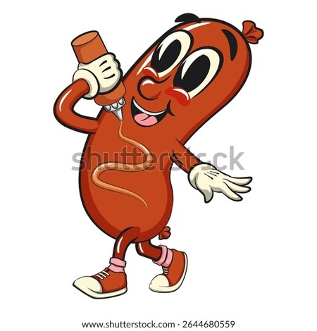 Cheerful sausage cartoon mascot give yourself mayonnaise or ketchup sauce, fun meat snack character illustration, isolated high-quality vector perfect for branding and design use, work of hand drawn