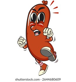 Salto alegre do mascote do desenho animado saltando e chutando, ilustração do personagem do lanche da carne divertida, vetor isolado de alta qualidade perfeito para uso da marca e do design, trabalho do desenhado à mão