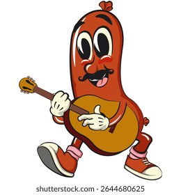 Cheerful sausage cartoon mascot with moustache playing guitar, fun meat snack character illustration, isolated high-quality vector perfect for branding and design use, work of hand drawn