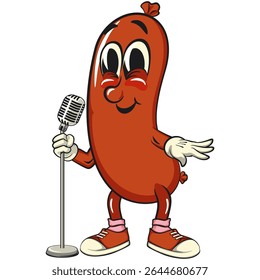 Cheerful sausage cartoon mascot on front of the mic become a stand up comedian, fun meat snack character illustration, isolated high-quality vector, work of hand drawn