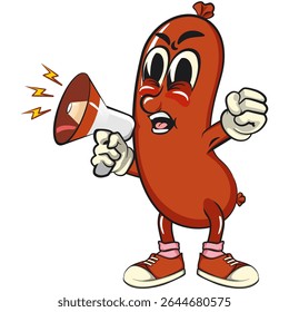 Mascote animado de salsicha alegre em voz alta com alto-falante, ilustração de personagem de lanche de carne divertida, vetor de alta qualidade isolado perfeito para uso de marca e design, trabalho de desenho à mão