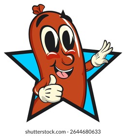 Cheerful sausage cartoon mascot out from of a star by giving a thumbs up sign, fun meat snack character illustration, isolated high-quality vector, work of hand drawn