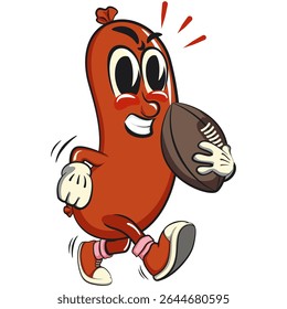 Cheerful sausage cartoon mascot playing rugby or american football, fun meat snack character illustration, isolated high-quality vector perfect for branding and design use, work of hand drawn