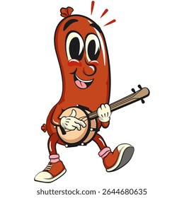 Cheerful sausage cartoon mascot playing the banjo musical instrumen, fun meat snack character illustration, isolated high-quality vector perfect for branding and design use, work of hand drawn