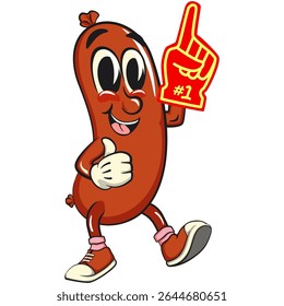 Cheerful sausage cartoon mascot raise foam finger, fun meat snack character illustration, isolated high-quality vector perfect for branding and design use, work of hand drawn