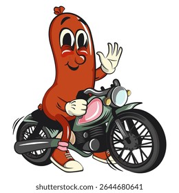 Cheerful sausage cartoon mascot riding a big motorcycle, fun meat snack character illustration, isolated high-quality vector perfect for branding and design use, work of hand drawn