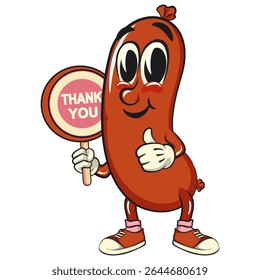 Cheerful sausage cartoon mascot say thank you, fun meat snack character illustration, isolated high-quality vector perfect for branding and design use, work of hand drawn