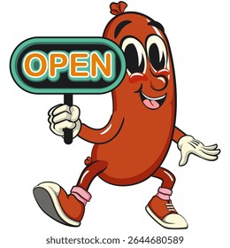 Cheerful sausage cartoon mascot showing a sign that says open, fun meat snack character illustration, isolated high-quality vector perfect for branding and design use, work of hand drawn