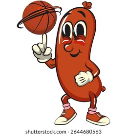 Cheerful sausage cartoon mascot spin the basketball with the index finger, fun meat snack character illustration, isolated high-quality vector perfect for branding and design use, work of hand drawn