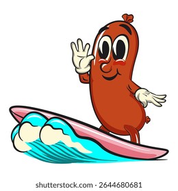 Cheerful sausage cartoon mascot surfing riding the waves, fun meat snack character illustration, isolated high-quality vector perfect for branding and design use, work of hand drawn