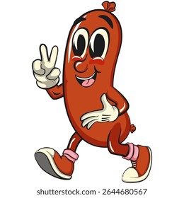 Cheerful sausage cartoon mascot walking with peace sign, fun meat snack character illustration, isolated high-quality vector perfect for branding and design use, work of hand drawn