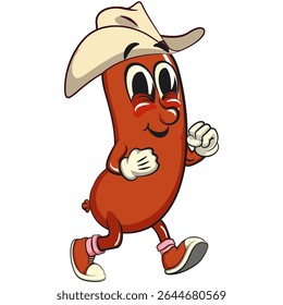 Cheerful sausage cartoon mascot walking wearing a cowboy hat, fun meat snack character illustration, isolated high-quality vector perfect for branding and design use, work of hand drawn