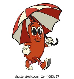 Cheerful sausage cartoon mascot walking with an umbrella, fun meat snack character illustration, isolated high-quality vector perfect for branding and design use, work of hand drawn