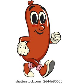 Cheerful sausage cartoon mascot walking, fun meat snack character illustration, isolated high-quality vector perfect for branding and design use, work of hand drawn