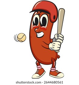 Cheerful sausage cartoon mascot wear a helmet playing baseball, fun meat snack character illustration, isolated high-quality vector perfect for branding and design use, work of hand drawn