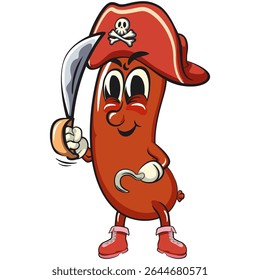 Mascote animado de charuto de salsicha vestindo um chapéu pirata enquanto segura um facão e usando ganchos, divertido ilustração de personagem de lanche de carne, vetor de alta qualidade isolado, trabalho de mão desenhada