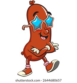 Cheerful sausage cartoon mascot wearing stars shaped beach sunglasses, fun meat snack character illustration, isolated high-quality vector perfect for branding and design use, work of hand drawn