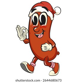 Cheerful sausage cartoon mascot wearing a Santa Claus hat, fun meat snack character illustration, isolated high-quality vector perfect for branding and design use, work of hand drawn