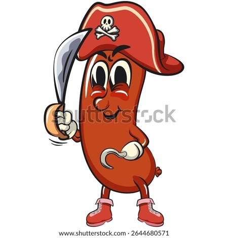 Cheerful sausage cartoon mascot wearing a pirate hat while holding a machete and using hooks, fun meat snack character illustration, isolated high-quality vector, work of hand drawn