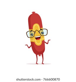 Cheerful sausage stick character with brand label and glasses. Delicious meat product. Funny vector design for sticker, food market or butcher shop flyer.