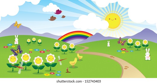 Cheerful scenery with cute smiling flowers, sun and animals