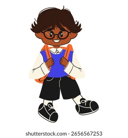 Cheerful school boy going to school. Back to school sticker. Doodle style school student. Flat vector illustration.